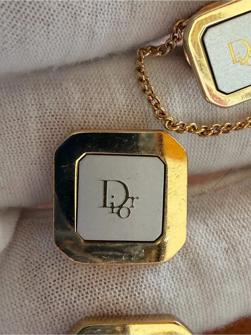 Rare Christian Dior Monsieur Gold and Cream Square Logo Cufflinks Set w tie pin